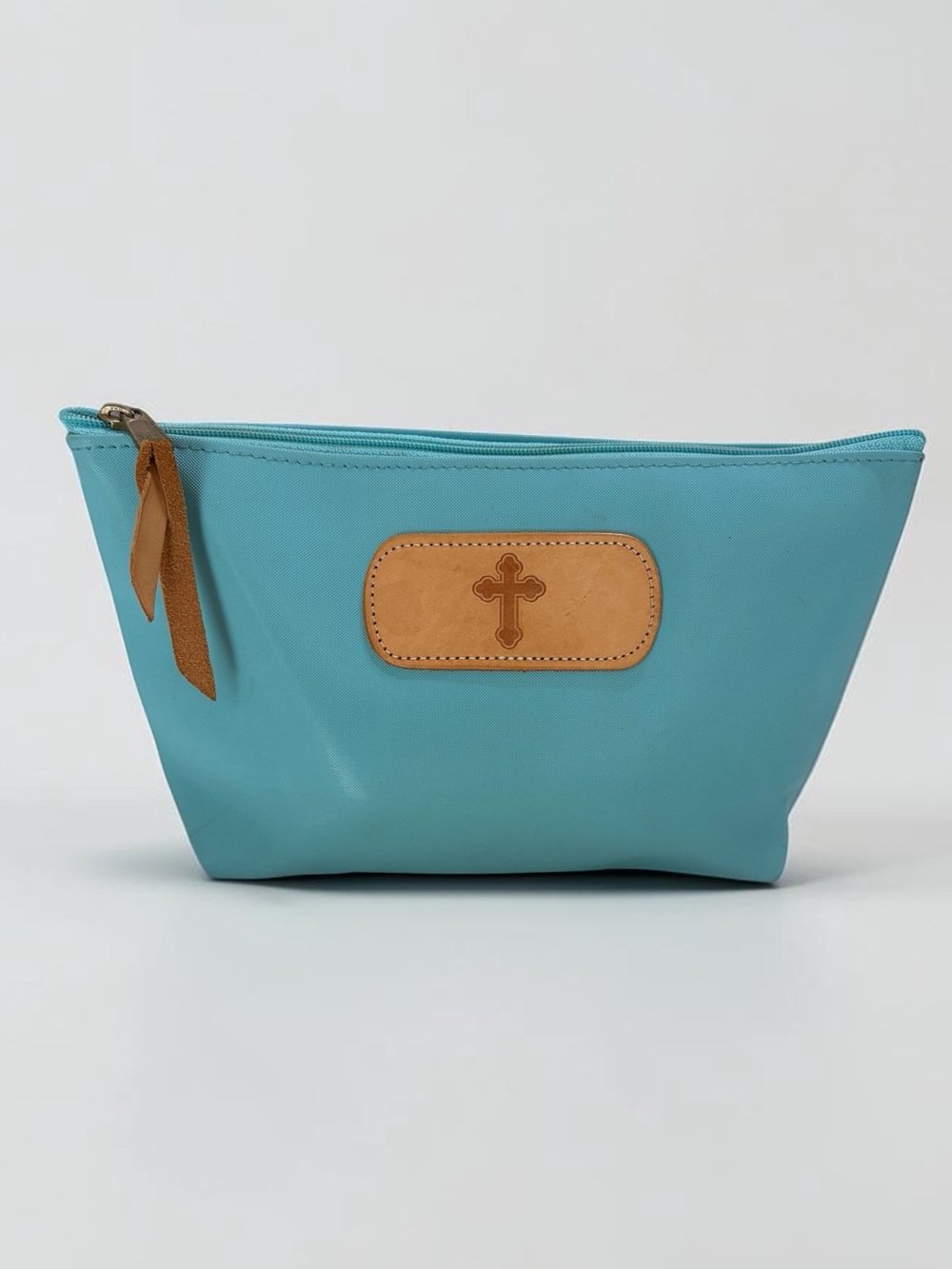 Jon Hart Design Turquoise Zippered Pouch  with Tan Leather Cross and Logo Patch